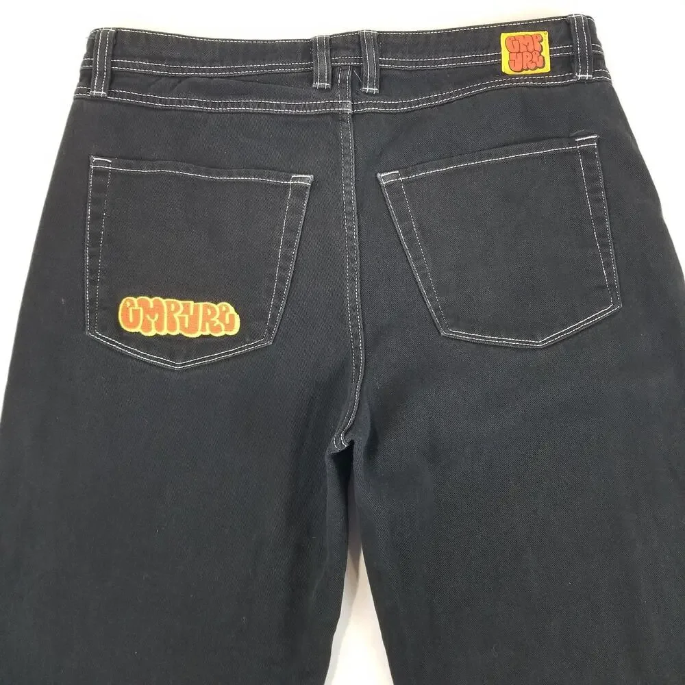Empyre Jeans Mens 34 Black Relax Wide Leg Baggy Y2K Frayed Denim Skater